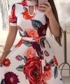 Kadın Kısa Kollu Pencere Detay Gül Baskılı Tam Boy Kiloş Elbise