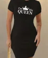 Kadın Kısa Kollu Queen Baskı Iki Iplik Mini Elbise