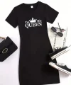Kadın Kısa Kollu Queen Baskı Iki Iplik Mini Elbise