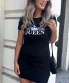 Kadın Kısa Kollu Queen Baskı Iki Iplik Mini Elbise