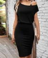 Kadın Kısa Kollu Tek Omuz Askı Ve Aksesuar Detay Beli Lastikli Krep Elbise