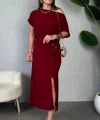 Kadın Kısa Kollu Tek Omuzdan Açık Beli Lastikli Sandy Maxi Elbise