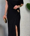 Kadın Kısa Kollu Tek Omuzdan Açık Beli Lastikli Sandy Maxi Elbise