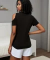 Kadın Kısa Kollu Tek Omuzu Açık Damla Detaylı Viskon Bluz