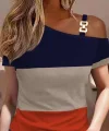 Kadın Kısa Kollu Tek Omuzu Açık Toka Detaylı çok Renkli Viskon Bluz