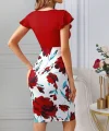 Kadın Kısa Kollu üstü Kırmızı Viskon Altı çiçek Baskılı Dalgıç Midi Elbise