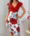Kadın Kısa Kollu üstü Kırmızı Viskon Altı çiçek Baskılı Dalgıç Mini Elbise