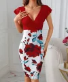 Kadın Kısa Kollu üstü Kırmızı Viskon Altı çiçek Baskılı Dalgıç Mini Elbise