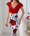 Kadın Kısa Kollu üstü Kırmızı Viskon Altı çiçek Baskılı Dalgıç Mini Elbise