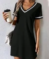 Kadın Kısa Kollu V çizgili Yakalı Kısa Viskon Elbise