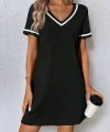 Kadın Kısa Kollu V çizgili Yakalı Kısa Viskon Elbise