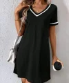 Kadın Kısa Kollu V çizgili Yakalı Kısa Viskon Elbise