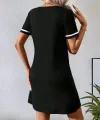 Kadın Kısa Kollu V çizgili Yakalı Kısa Viskon Elbise
