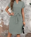 Kadın Kısa Kollu V Hakim Yaka Belden Kuşaklı Valencia Elbise