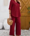 Kadın Kısa Kollu V Hakim Yaka Düğmeli Bürümcük Bluz Ve Pantolon Ikili Takım