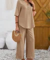 Kadın Kısa Kollu V Hakim Yaka Düğmeli Bürümcük Bluz Ve Pantolon Ikili Takım