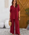 Kadın Kısa Kollu V Hakim Yaka Düğmeli Bürümcük Bluz Ve Pantolon Ikili Takım