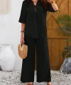 Kadın Kısa Kollu V Hakim Yaka Düğmeli Bürümcük Bluz Ve Pantolon Ikili Takım
