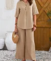 Kadın Kısa Kollu V Hakim Yaka Düğmeli Bürümcük Bluz Ve Pantolon Ikili Takım