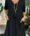 Kadın Kısa Kollu V Yaka Cepli Bürümcük Salaş Elbise