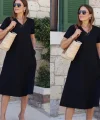 Kadın Kısa Kollu V Yaka Cepli Viskon Elbise