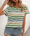 Kadın Kısa Kollu V Yaka çizgili Süprem T-shirt