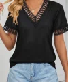 Kadın Kısa Kollu V Yaka Dantel Yakalı Viskon Bluz
