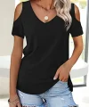 Kadın Kısa Kollu V Yaka Dekolte Omuz Detay Viskon Bluz