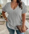 Kadın Kısa Kollu V Yaka Fitilli Kaşkorse Bluz