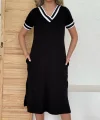 Kadın Kısa Kollu V Yaka Kol Ve Yaka Ribana Detay Midi Boy Viskon Elbise
