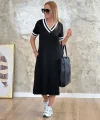 Kadın Kısa Kollu V Yaka Kol Ve Yaka Ribana Detay Midi Boy Viskon Elbise