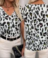 Kadın Kısa Kollu V Yaka Leopar Desen Krep Bluz