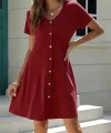 Kadın Kısa Kollu V Yaka önü Düğmeli Viskon Elbise