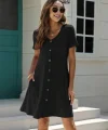 Kadın Kısa Kollu V Yaka önü Düğmeli Viskon Elbise
