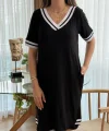 Kadın Kısa Kollu V Yaka Ribana Detaylı Cepli Dizüstü Viskon Elbise