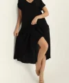 Kadın Kısa Kollu V Yaka Salaş Maxi Boy Elbise