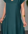 Kadın Kısa Kollu V Yaka Salaş Maxi Boy Elbise