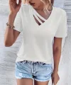 Kadın Kısa Kollu V Yaka şerit Detay Viskon Bluz