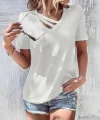 Kadın Kısa Kollu V Yaka şerit Detay Viskon Bluz