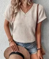 Kadın Kısa Kollu V Yaka Sırt Düğme Detay Triko Bluz