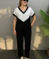 Kadın Kısa Kollu V Yaka Siyah Beyaz Renkli Viskon Iki Iplik Kumaş Eşofman Takımı