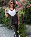 Kadın Kısa Kollu V Yaka Siyah Beyaz Renkli Viskon Iki Iplik Kumaş Eşofman Takımı