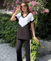 Kadın Kısa Kollu V Yaka Siyah Beyaz Renkli Viskon Iki Iplik Kumaş Eşofman Takımı