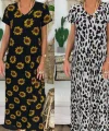 Kadın Kısa Kollu V Yaka Tam Boy Zebra Desen Pegasus Kumaş Elbise