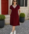 Kadın Kısa Kollu V Yaka Ve Yaka Ribana Detay Midiboy Viskon Elbise