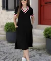 Kadın Kısa Kollu V Yaka Ve Yaka Ribana Detay Midiboy Viskon Elbise