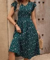 Kadın Kısa Kollu V Yakalı Beli Lastikli çiçek Desenli Süprem Elbise
