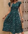 Kadın Kısa Kollu V Yakalı Beli Lastikli çiçek Desenli Süprem Elbise