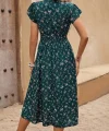 Kadın Kısa Kollu V Yakalı Beli Lastikli çiçek Desenli Süprem Elbise