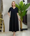 Kadın Kısa Kollu V Yakalı Cep Detaylı Uzun Janjan Krep Elbise